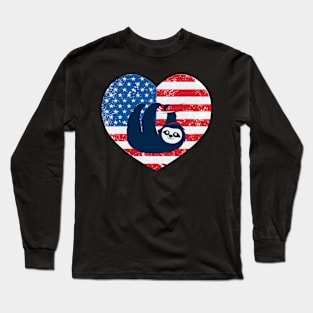 American Flag Heart Love Sloth Usa Patriotic 4Th Of July Long Sleeve T-Shirt